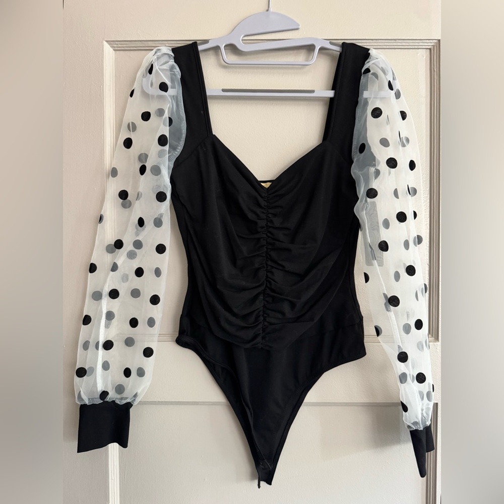 Black Bodysuit with Polka Dot Sheer Sleeves